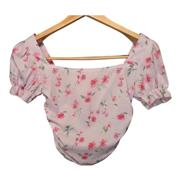 Coquette Womens Top Small Pink Floral Puff Sleeves Ruched Cottagecore Feminine - Picture 2 of 9
